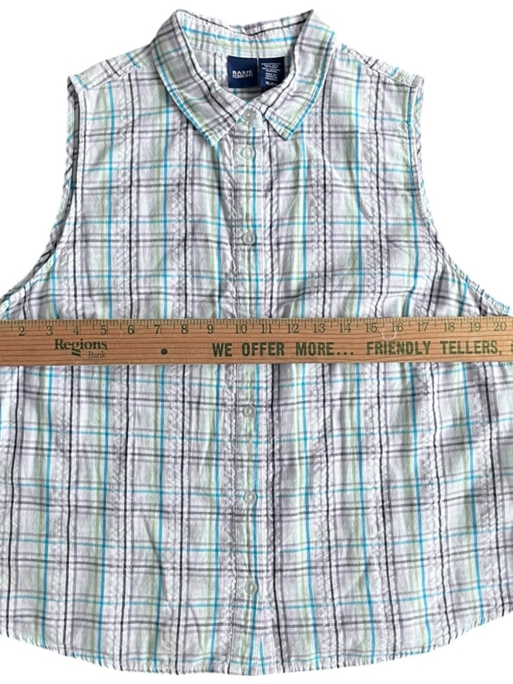 Basic Editions Sleeveless Plaid Button-Up Shirt - White/Blue - Picture 5 of 6